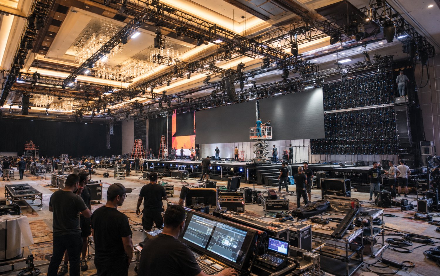 Eventra Media production crew building a conference stage and LED screens in a Bangkok ballroom
